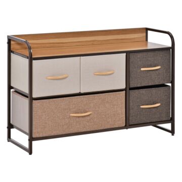 Homcom 5-drawer Dresser, Linen Fabric Chest Of Drawers, Dresser Tower Unit For Bedroom Hallway Entryway, Storage Organizer With Steel Frame Wooden Top