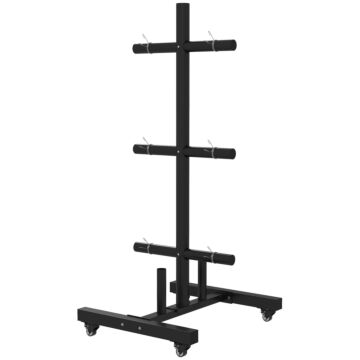 Sportnow Weight Rack For Olympic Weight Plate, 3 Tier Weight Tree For 2 Inch Plates And Bars, Weight Organizer Stand With 4 Transport Wheels And Clamps For Home Gym, Black