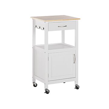 Kitchen Trolley White And Light Wood Top Mdf 48 X 39 X 89 Cm Cabinet Towel Rack Cutlery Drawer Casters Beliani