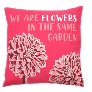 Printed Cotton Cushion Cover - We Are Flowers - Olive, Pink And Natural