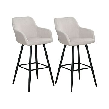 Set Of 2 Bar Stool Taupe Fabric Upholstered With Arms Backrest Black Metal Legs Beliani