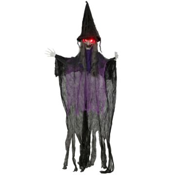 Outsunny 183 Cm Life Size Halloween Animated Hanging Witch With Glowing Led Eyes, Spooky Witch Scary Halloween Decorations, Battery Operated, Indoor Party Props