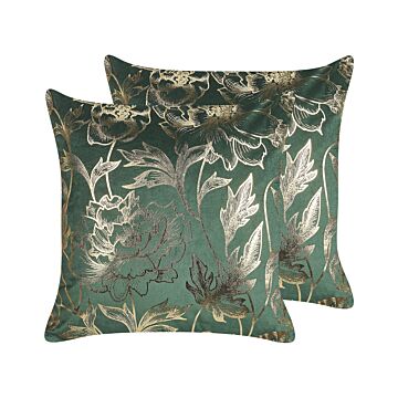 Set Of 2 Decorative Cushions Green Velvet 45 X 45 Cm Gold Floral Foil Print Glamour Decor Accessories Beliani