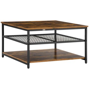 Homcom Industrial Coffee Table, Square Cocktail Table With 3-tier Storage Shelves For Living Room, Rustic Brown