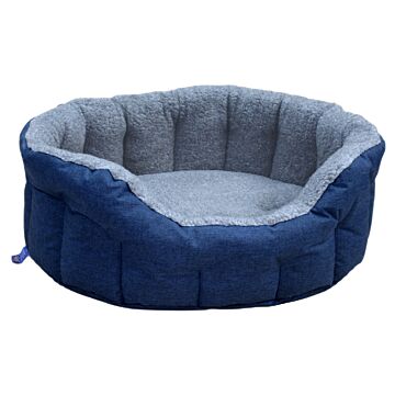 P&l Premium Oval Drop Fronted Bolster Style Heavy Duty Fleece Lined Softee Bed Colour Navy Blue/silver Size Large—internal L76cm X W64cm X H24cm / Base Cushion 8cm Thickness