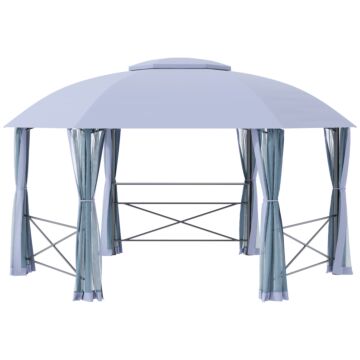 Outsunny 4 X 4.7(m) Patio Metal Gazebo Canopy, Hexagon Shape Garden Tent Sun Shade, Outdoor Shelter With 2 Tier Roof, Netting, Steel Frame, Grey