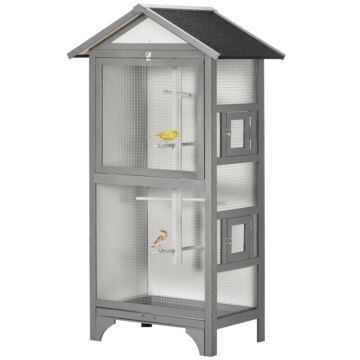 Pawhut Wooden Outdoor Bird Cage, For Finches And Canaries, With Removable Tray, Asphalt Roof - Grey