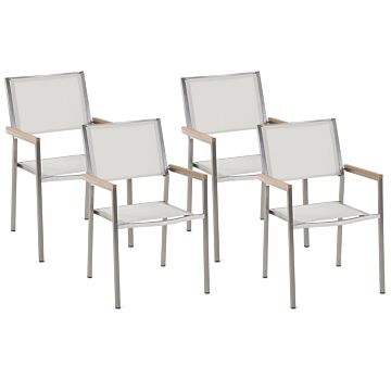 Set Of 4 Garden Dining Chairs White And Silver Textile Seat Stainless Steel Legs Stackable Outdoor Resistances Beliani