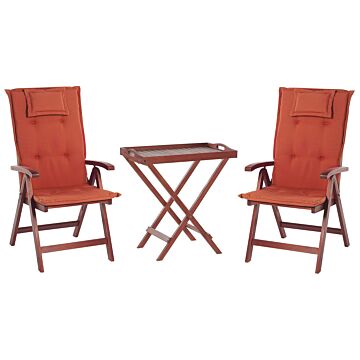 Garden Bistro Set Dark Acacia Wood With Red Cushions Tea Table 2 Folding Chairs Uv Resistant Beliani