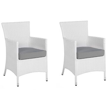 Garden Dining Chair Set Of 2 White Faux Rattan Grey Cushion Seat Outdoor Resistances Beliani