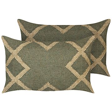 Set Of 2 Scatter Cushions Green And Beige Jute And Wool 30 X 50 Cm Geometric Pattern Faded Colours Beliani