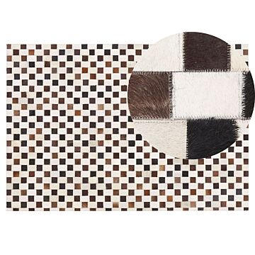 Area Rug Brown And Beige Cowhide Leather 140 X 200 Cm Geometric Pattern Patchwork Beliani