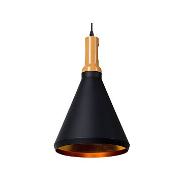 Hanging Light Pendant Lamp Black With Gold And Light Wood Aluminium Cone Shade Industrial Design Beliani