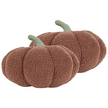 Set Of 2 Pumpkin Cushions Brown Boucle ⌀ 28 Cm Throw Pillow Halloween Decor Stuffed Toy Beliani