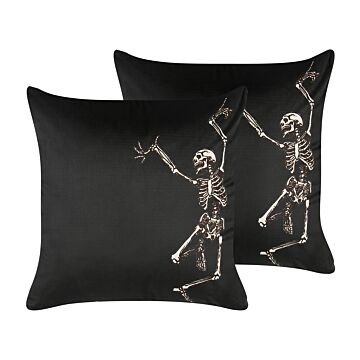 Set Of 2 Decorative Cushions Black Velvet 45 X 45 Cm Skeleton Pattern Square Modern Halloween Decor Accessories Beliani