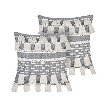 2 Decorative Cushions White And Grey Cotton 45 X 45 Cm With Tassels Boho Retro Decor Accessories Beliani
