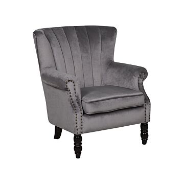 Wingback Chair Grey Velvet Fabric Vintage Retro Style Armchair Scroll Arms Black Wooden Legs Nailhead Trim Beliani
