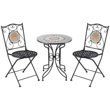 Outsunny 3 Piece Garden Bistro Set, Folding Patio Chairs And Mosaic Round Tabletop For Outdoor, Metal, Balcony, Poolside, Light Blue