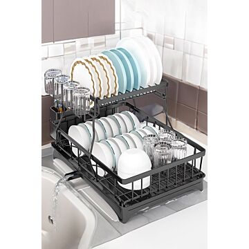 2-tier Dish Drainer Rack With Kitchen Utensil And Glass Holder