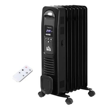 Homcom 1630w Digital Oil Filled Radiator, 7 Fin, Portable Electric Heater With Led Display, Built-in Timer, 3 Heat Settings, Remote Control, Black
