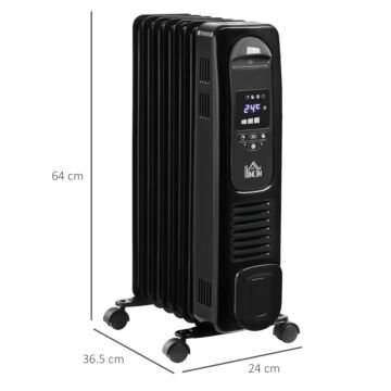 Homcom 1630w Digital Oil Filled Radiator, 7 Fin, Portable Electric Heater With Led Display, Built-in Timer, 3 Heat Settings, Remote Control, Black