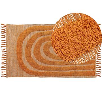 Area Rug Orange Cotton 80 X 150 Cm Rectangular With Tassels Geometric Pattern Boho Style Beliani