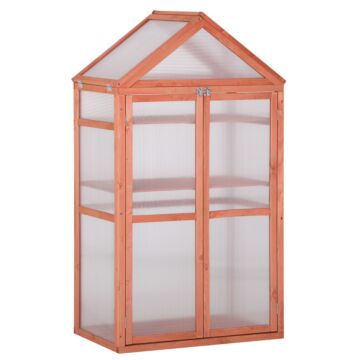 Outsunny 3-tier Wooden Cold Frame Greenhouse Garden Polycarbonate Grow House W/ Adjustable Shelves, Double Doors, 80 X 47 X 138 Cm, Orange
