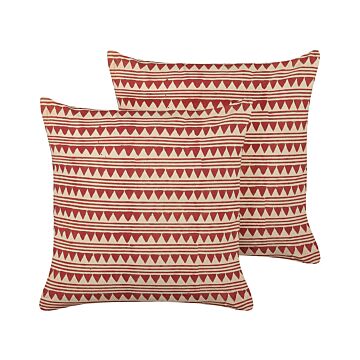 Set Of 2 Scatter Cushions Red And Beige Cotton 45 X 45 Cm Geometric Pattern Handmade Removable Cover With Filling Boho Style Beliani