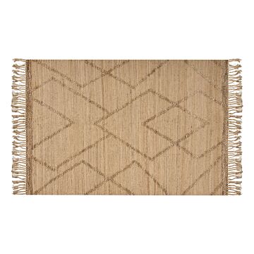 Area Rug Beige Jute 160 X 230 Cm Handwoven Lines Geometric Pattern With Tassels Natural Boho Style Textile Beliani