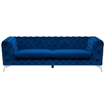 3 Seater Sofa Blue Velvet Chesterfield Style Low Back Beliani