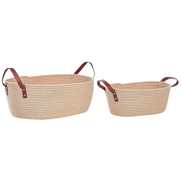 Set Of 2 Storage Baskets Beige Cotton Handmade With Pu Leather Handles Shelving Box Beliani