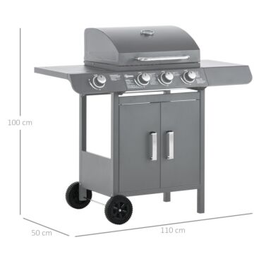 Outsunny 3+1 Burner Gas Bbq Grill, Outdoor Barbecue Trolley With Wheels, Warming Rack, Side Shelves, Cabinet, Thermometer For Garden, Party, Camping, 110l X 50w X 100hcm, Grey
