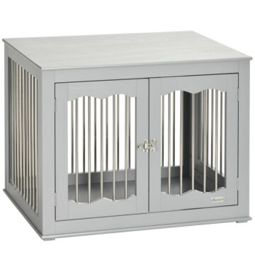 Pawhut Dog Crate End Table With Three Doors, Furniture Style Dog Crate For Medium Dogs With Locks & Latches, Grey