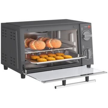Homcom Mini Oven, 9l Countertop Electric Grill, Toaster Oven With Adjustable Temperature, Timer, Baking Tray And Wire Rack, 750w, Grey