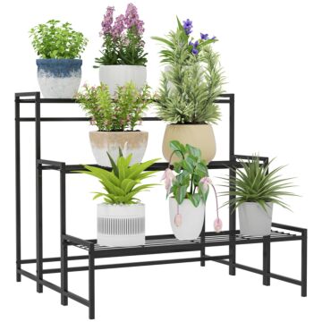 Outsunny 3-tier Metal Plant Stand, Modern Ladder Shelf Flower Pot Holder For Indoor Outdoor, Display Shelf Rack For Garden Patio Balcony, Black