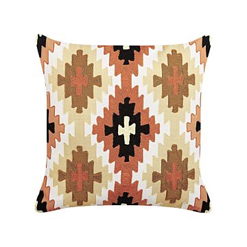 Scatter Cushion Multicolour Cotton Wool 50 X 50 Cm Geometric Pattern Handmade Embroidered Removable Cover With Filling Boho Style Beliani