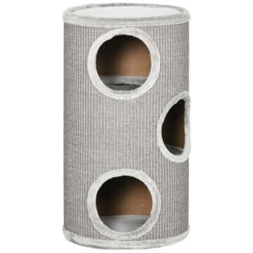 Pawhut Cat Barrel Kitten Tree Tower For Indoor Cats, Cat Climbing Frame Covered With Sisal, Cosy Platform - Light Grey