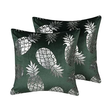 Set Of 2 Decorative Cushions Green Pineapple Pattern 45 X 45 Cm Foil Print Glamour Decor Accessories Beliani