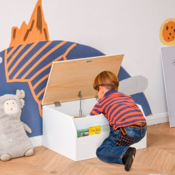 Homcom Wooden Kids Children Toy Box Storage Chest Organizer Book Slot Safety Hinge Playroom Furniture White