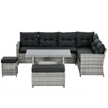 Outsunny 5-piece Rattan Patio Furniture Set With Corner Sofa, Footstools, Glass Coffee Table, Cushions, Mixed Grey