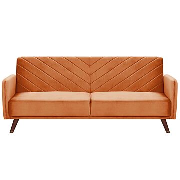 Sofa Bed Orange Velvet Fabric Retro Living Room 3 Seater Wooden Legs Track Arms Beliani