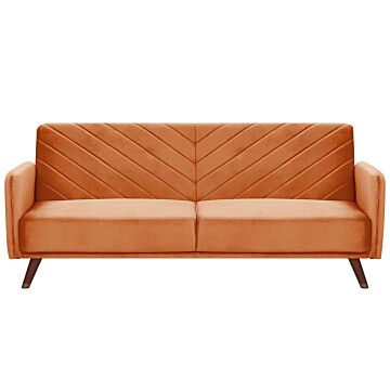 Sofa Bed Orange Velvet Fabric Retro Living Room 3 Seater Wooden Legs Track Arms