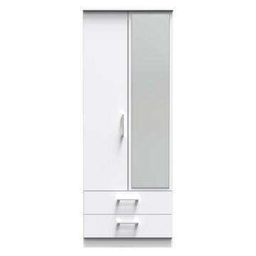 Devon Tall 2 Drawer Mirrored Wardrobe In White