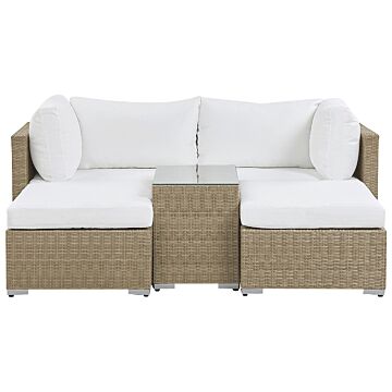 Garden Lounge Set Brown White Cushions Pe Rattan For 2 People 3 Piece Outdoor Set With Side Table Beliani