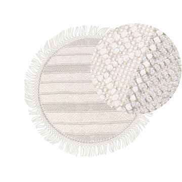 Area Rug Beige Wool Polyester ⌀ 140 Cm Hand Woven Flat Weave With Tassels Geometric Pattern Beliani