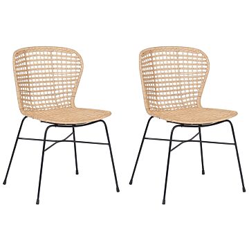 Set Of 2 Dining Chairs Sand Beige Rattan Wicker Black Metal Frame Rustic Indoor Boho Design Beliani
