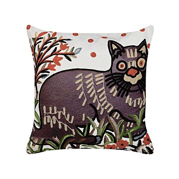 Scatter Cushion Multicolour Cotton Wool 50 X 50 Cm Cat Motif Handmade Embroidered Removable Cover With Filling Boho Style Beliani