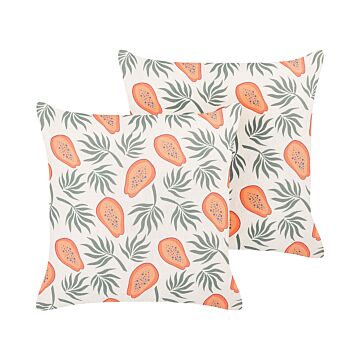 2 Decorative Cushions Orange And Green Polyester 45 X 45 Cm Papaya Print Square Modern Spring Summer Decor Accessories Beliani