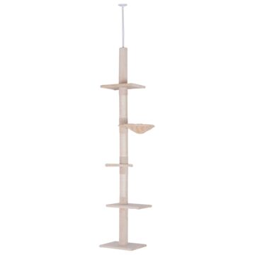 Pawhut Floor To Ceiling Cat Tree 5-tier Kitty Tower Activity Center Scratching Post 230-260cm