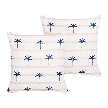 Set Of 2 Garden Cushions White Polyester Palm Pattern 45 X 45 Cm Square Modern Outdoor Patio Water Resistant Beliani